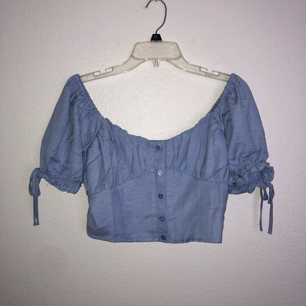 Blue puff sleeve off the shoulder crop top - Picture 2 of 4